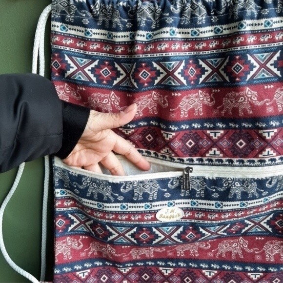 J.M. Bangkok Canvas Backpack Drawstring Gym Bag Ethnic Bohemian w/zip Pocket - Picture 4 of 11